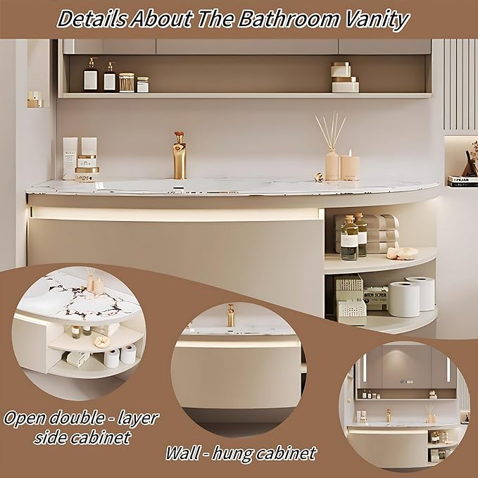 46IN Floating Bathroom Vanity, Wall Mounted Wood Sink Cabinet with Smart Sensor LED Light Strip & Open Style Side Cabinet | LED Lights & Defogging Function, Single Sink Vanities Set (Black)