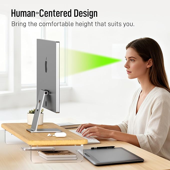 Monitor Stand Riser, Bamboo & Acrylic Computer Monitor Stand with LED Light, 31.5 inch Large Monitor Stand for Desk, Desktop Organizer Stand for Computer, Laptop, Printer, PC & TV Screen Riser