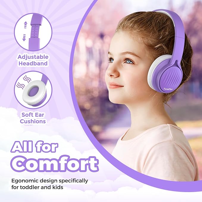 TuneFlux Upgraded Kids Headphones, Wired Toddler Headphones, 85dB Limited Volume On Ear Headphones, Portable Foldable Design, Stereo Sound Kids Headsets for School/Tablet/Travel-Purple