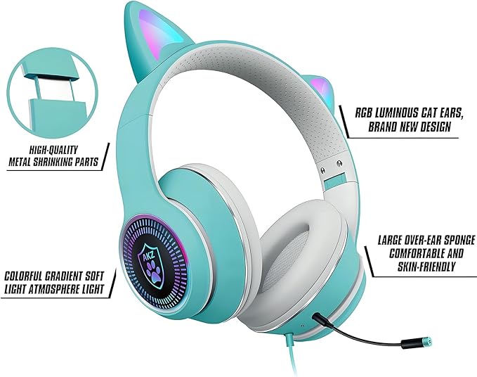 Cat Ear Gaming Headphones Wired AUX 3.5mm with LED Light, VIGROS Flashing Stereo Game Headphones Surround Sound Over-Ear Headsets with Microphone Fit Kids & Adult for PC, PS4, Switch, Mobile, Laptop