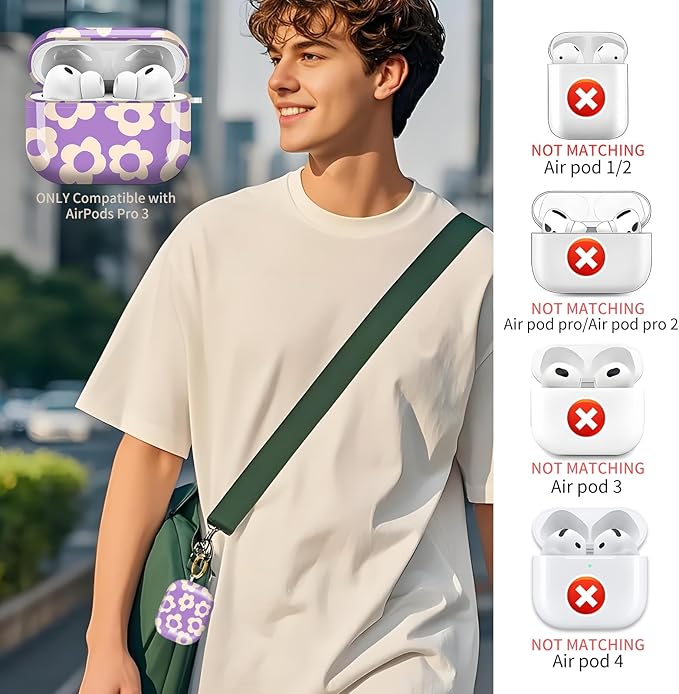 Compatible with AirPods Pro 3 (2025) Case, Airpod Pro 3 Protective Cover with Cute Golden Keychain for Girls & Women (Cute Groovy Purple Flower)