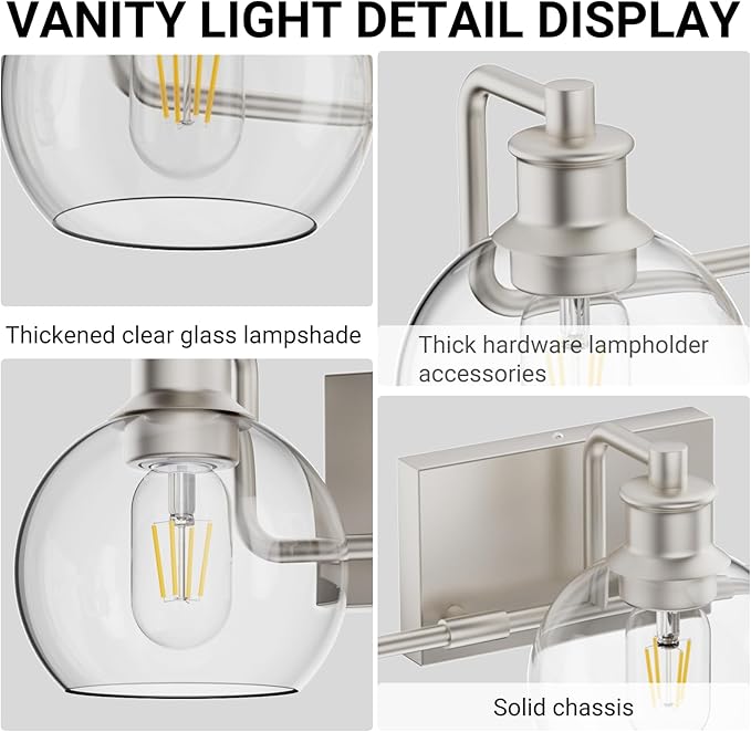 Tipace Brushed Nickel Modern Bathroom Vanity Light Fixtures Over Mirror Glass Globe 3 Lights Industrial Vanity Lights Farmhouse Bath Lighting(Exclude Bulb)