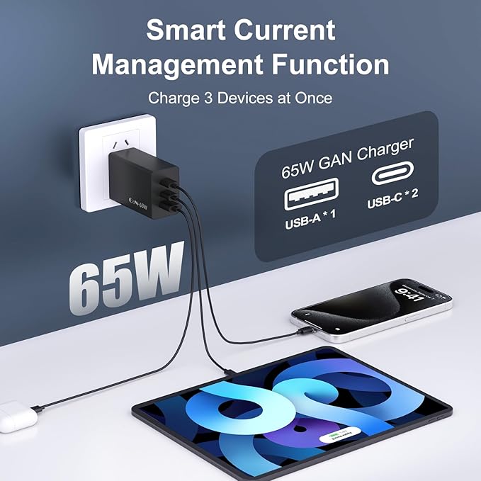 Samsung 65W 3-Port Super Fast Charging Wall Charger, GaN Adapter for Samsung Galaxy S26 Ultra/S26/S26+/S25 Ultra/S25/S25+/S24 Ultra/S24/S24+/S23 Ultra/S23/S23+/S22/S22 Ultra/S22+/Z Fold 3/ laptops