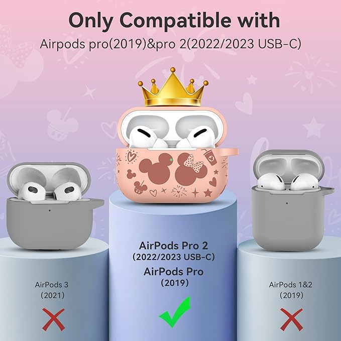 Compatible with Airpods Pro 2nd/1st Generation Case Cover with Keychain, Women Men Soft Silicone Two-Tone Cute Cartoon Engraved Convenience Protective Case, Front LED Visible Pink/Deep Pink
