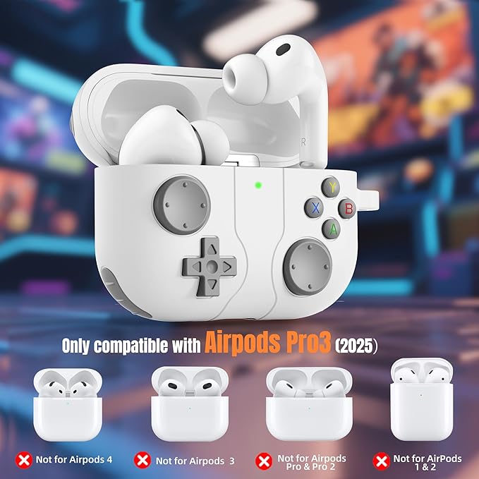 Getino Game Case for AirPods Pro 3 Case 2025, Shockproof Silicone Cover for Apple AirPods Pro 3 – with Cleaner Kit & Keychain, Classic Cool Funny Durable Protective Case for Men Boy–White