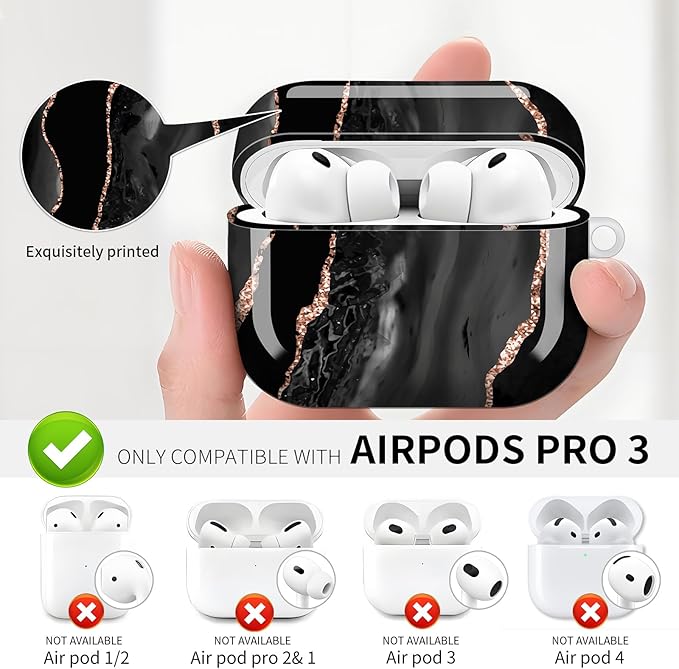 Compatible with AirPod Pro 3 (2025),Cute Case Cover for Women & Men, Full Protection Shockproof Hard Case with Keychain, Wireless Charging Case Accessories(Black Rose Gold Marble)