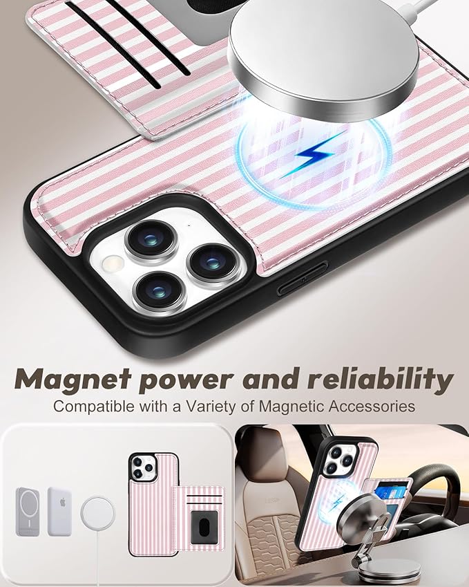 for iPhone 11 Pro Max Case with Wallet - Fits 4 Card Slots, Compatible with MagSafe for Women Aesthetic Durable PU Leather Credit Card Holder Kickstand Phone Cover for Apple 11 Promax, Stripe
