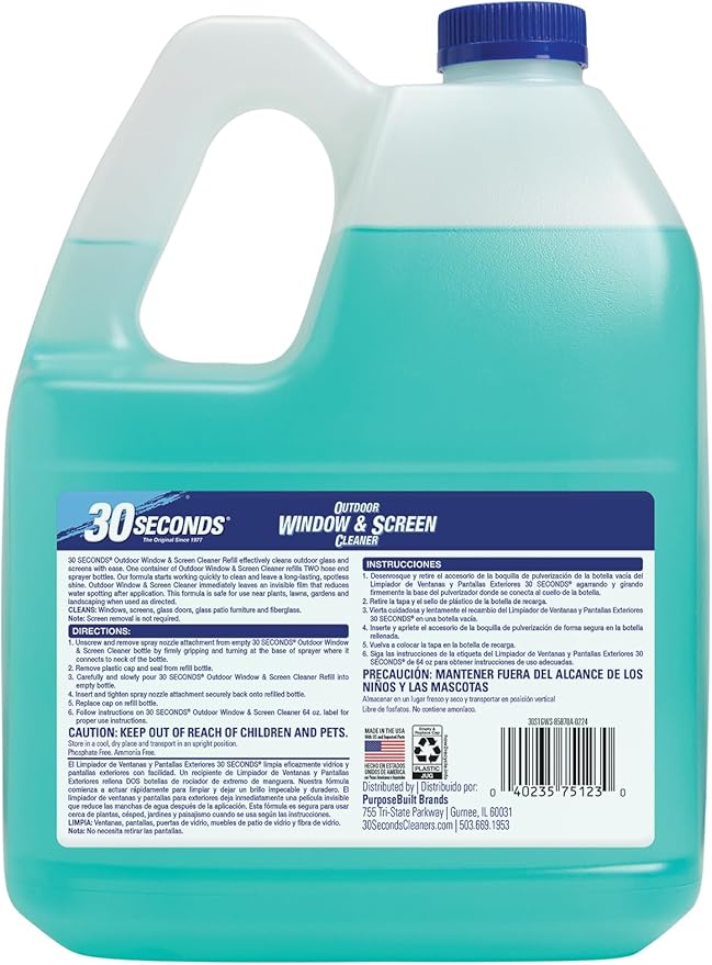 30 SECONDS Outdoor Window & Screen Concentrated Cleaner for Glass, Patio Doors, Fiberglass, Furniture - No Screen Removal Required, Spray & Rinse - Refill for Hose End Sprayer Bottles, 1.1 Gallon