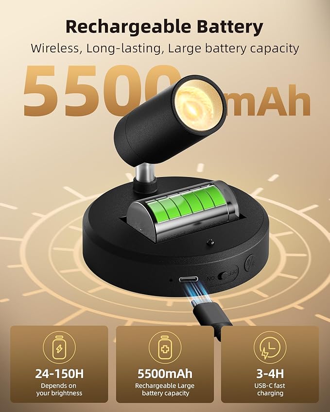 EZVALO Spotlights Indoor with Remote, 5500mAh Rechargeable Picture Lights, Wireless LED Uplighting with Timer＆Dimmable, 3CCT, Display Lights for Plant Painting, Artwork, Accent Lighting (2Pack-Black)