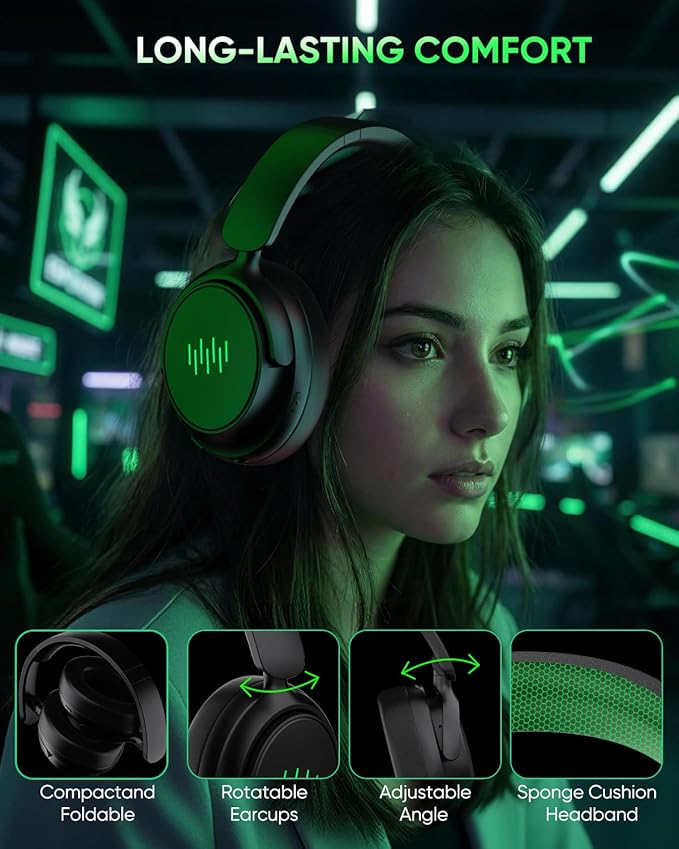 INGA Wireless Gaming Headset for Xbox Series X|S, Xbox One, PC, PS5/4, Mac, Nintendo Switch, Game/Chat Balance, 2.4GHz/Bluetooth 5.2, ENC Microphone & 7.1 Surround Sound (Green LED)