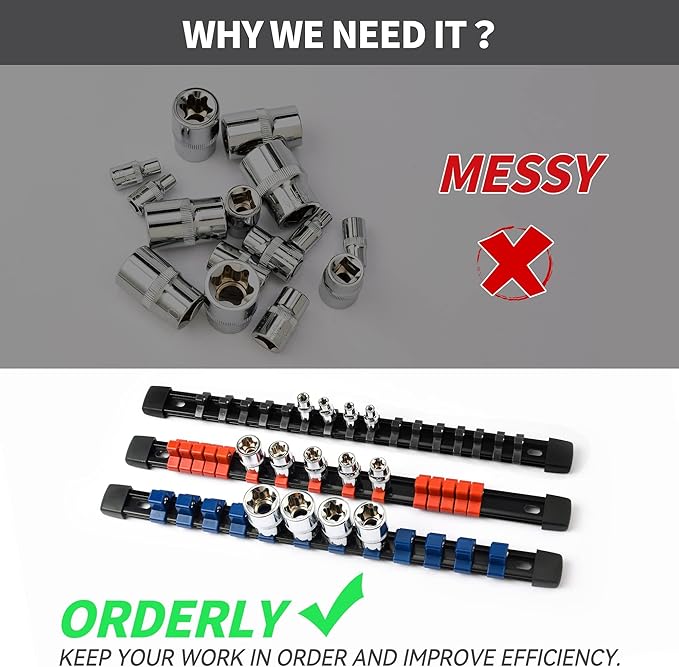ALOANES 15PC ABS Socket Organizer, Socket Rails Fit 1/2 inch, 3/8 inch and 1/4 inch Drive, Heavy Duty Socket Holders Hold up to 215 Sockets, Black Rails with 5 Color Clips