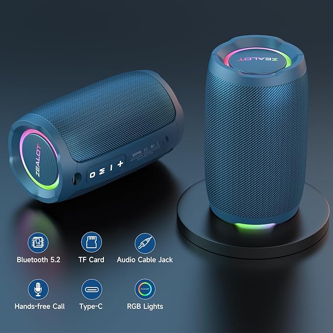 ZEALOT Bluetooth Speaker, Portable Speaker for Beach, IP67 Wterproof, 20W Parlantes Bluetooth, Wireless Outdoor/Home Use, Loud Stereo Sound, Dual Pair, BT5.2/ USB/TF Card/AUX, for Outdoor Home-Blue