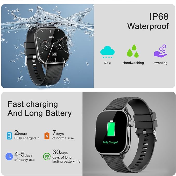 Smart Watch for Men Women, 1.85'' AMOLED HD Fitness Watch with 120+ Sports Modes, Bluetooth Call/Heart Rate/Sleep Monitor/Pedometer, Smartwatch for Android iOS, IP68 Waterproof, Light Black