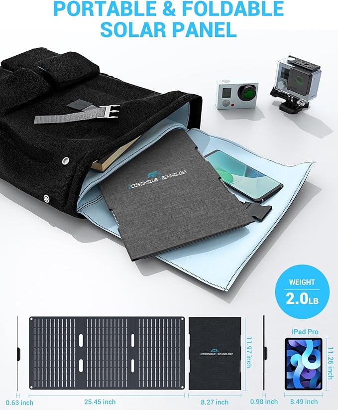 Ecosonique 15W and 30W Portable Solar Panel Charger with USB-A USB-C Ports and ETFE IP67 Waterproof Camping Backpacking Hiking Emergency for Phones，Tablets, Power Banks