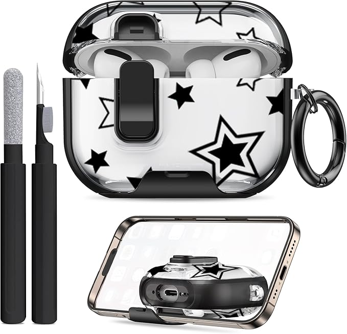 Compatible Airpods Pro 3 Case (2025) with Phone Stand & Cleaner Kit,Cute Soft Silicone Lock Clip Apple AirPods Pro 3rd Generation Case, Airpod Pro 3 Cover with Keychain for Women/Girls