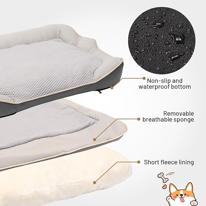 Waterproof Orthopedic Dog Bed for Large Dogs - Cooling PU Fabric, Removable Washable Cover, Medium-Size Pet Bed for Dogs & Crate Use