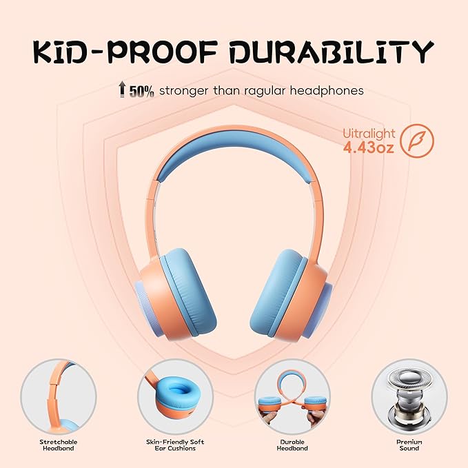 gorsun Kids Bluetooth Headphones, Toddler Headphones 85 dBA Safe Volume, 45 Hours Playtime, with Mic, Bluetooth 5.3, Kids Wireless Headset for iPad/Tablet/Travel/School, ldeal Gift (Orange)