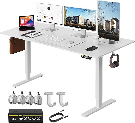 63x28 Large Electric Standing Desk Adjustable Height Stand Up with Lockable Wheels 27.6" Deep Ergonomic Sit Stand Desk for Home Office Work Computer Desk Workstation