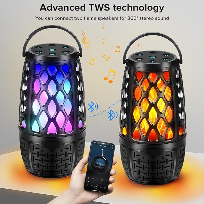 Upgraded Outdoor Speakers, Wireless Speakers with Bluetooth Outdoor Gift for Men, Wireless Speaker Multi-Sync up to 100 Speakers with Colorful Light, HD Stereo, Stake, Hook for Patio/Yard/Porch