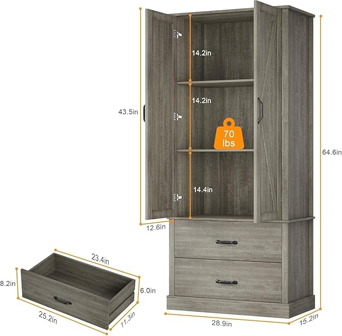 IDEALHOUSE Kitchen Pantry Storage Cabinet with Barn Doors, Drawer, and 2 Adjustable Shelves, Freestanding Tall Hutch with Microwave Stand for Kitchen, Dining Room, Rustic Gray