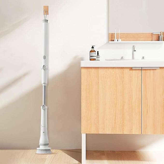 FixtureDisplays® 30-49" Adjustable Electric Spin Scrubber, Cordless Cleaning Brush with Extendable Arm 6 Replaceable Cleaning Heads, Power Shower Scrubber for Bathroom, Tub, Tile, Floor 15757-NPF
