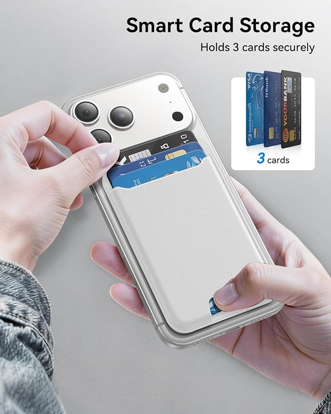 for MagSafe Wallet, 3 Cards Holder, Slim Magnetic Phone Wallet for iPhone 17/16/15/14/13/12 Pro Max Plus Air Series,RFID Blocking Vegan Leather,White
