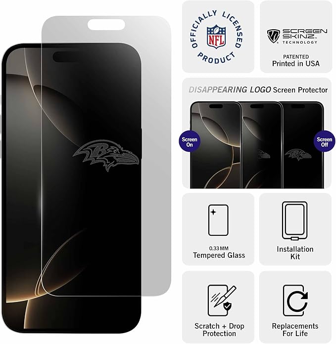 NFL Baltimore Ravens Clear Screen Protector for iPhone 16, for 15 and 15 Pro - with Disappearing Logo - Scratch-Resistant and Easy-to-Install Screen Protectors (Includes Installation Tray)