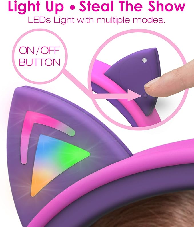 FosPower Kids Headphones with LED Cat Ears (85dB Safe Volume Limit), 3.5mm Soft On-Ear Wired Headphones with Tangle-Free Laced Cables for iPad/Tablet/School/Travel - Hot Pink/Purple