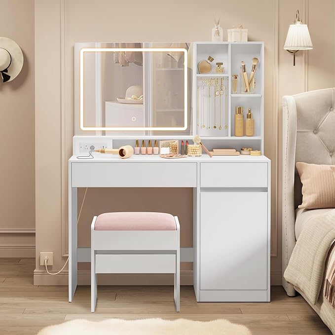 VASAGLE KAILYN Collection - 43.3-Inch Wide Vanity Desk with Mirror and Lights, Power Outlets, Vanity Table Set with Stool, Jewelry Storage, Adjustable Shelves, for Bedroom, Cloud White URDT632W02