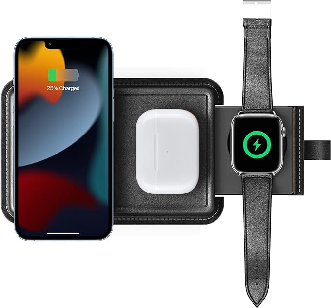 VogDUO 3 in 1 Wireless Magnetic Charger - Foldable Retractable 15W Charging Stand Genuine Leather Nightlight, Compatible with iPhone 16/17, AirPods Pro 3, Apple Watch (Black)