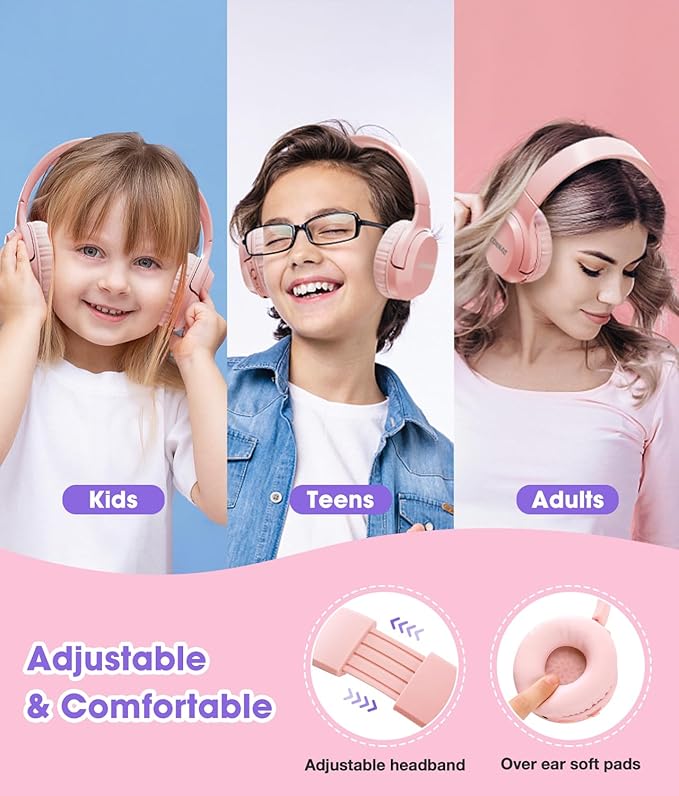 Kids Headphones Bluetooth 60H, Foldable On Ear Headphone with MIC, Volume Limiter 85dB/94dB Wireless & Wired Headphones, Over-Ear Headphone for Kid Adult School Online Class Travel, Pink