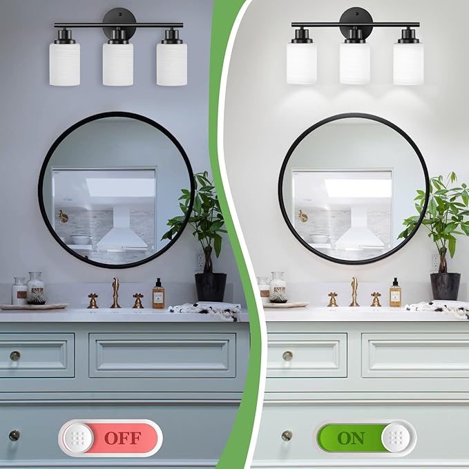 3-Light Bathroom Light Fixtures, Black Vanity Lights for Mirror with Textured Milky White Glass Shade, E26 Base Modern Kitchen Light Fixtures Wall Sconce Light