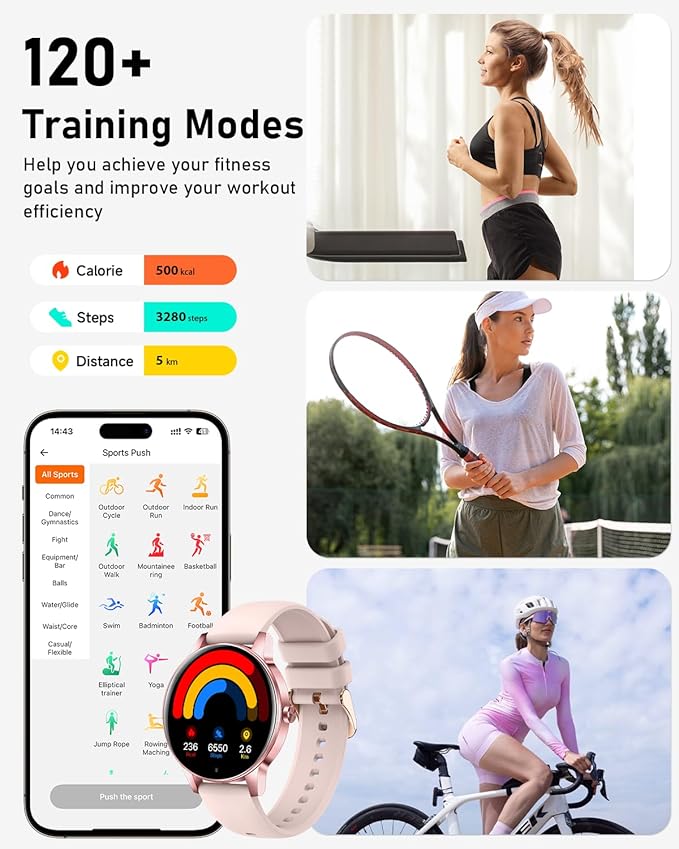 Smart Watch for Women, Answer/Make Call,1.27'' Touchscreen, 120+ Sports Modes Fitness Tracker, 24H Heart Rate/Sleep/Menstrual Cycle/IP68 Fitness Watch for Android iOS, 4 Straps (Pink)