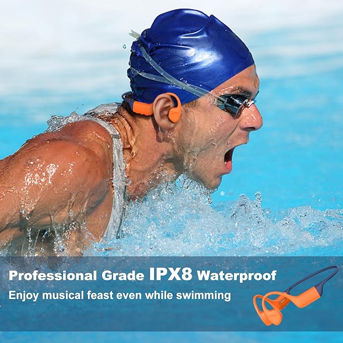 Bone Conduction Swimming Headphones,Waterproof IP68,Bluetooth 5.4, Built-in 32GB TF Swimming Headphones Underwater Music Player, Open Ear Bluetooth Earbuds (Orange)