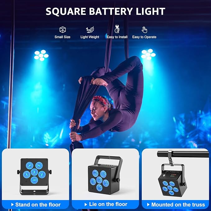 Battery Powered Stage Lights, LED Par Lights RGBWA+UV 60W, Rechargeable Par Can Light with 5500mAh Battery, Remote DMX Sound Activated Uplights for Events, Party, Wedding, Concert - 1Pc