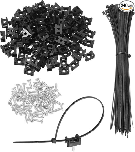 MECCANIXITY 240pcs 0.58" Cable Tie Saddle Type Mounts Base with 8" Cable Zip Ties and M3 Tapping Screws, Wire Organizer Holder Clamps Set, Black