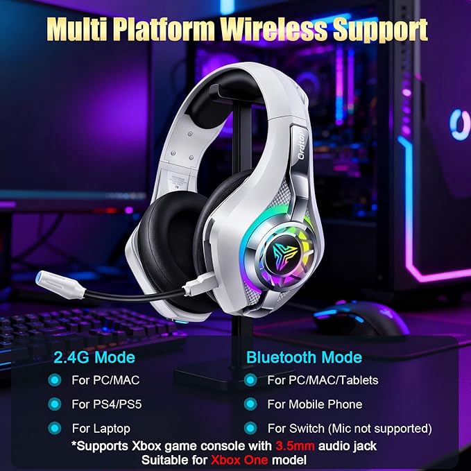 Ordtop 2.4GHz Wireless Gaming Headsets for PS5/PS4/Switch, 2026 RGB Noise Cancelling Headphones with Mics, 7.1 Surround Sound, 40mm Drivers, 276g Ultraligero, Memory Foam, 45H Gaming Headphones