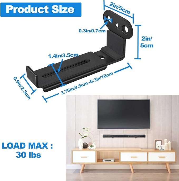 Soundbar Wall Mount,All Metal Sound Bar Mounts Under TV for Sonos,Samsung, Bose, Vizio, LG, Sony, JBL and More,Depth Adjustable 3.7”-6.3”, Hold up to 30 lbs,HD-118,2 Packs,Black