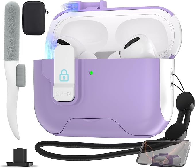 Maxjoy for AirPods Pro 3 Protective Case with Cleaning Kit, Military Hard Case with Lock Shock-Absorbing, White Purple
