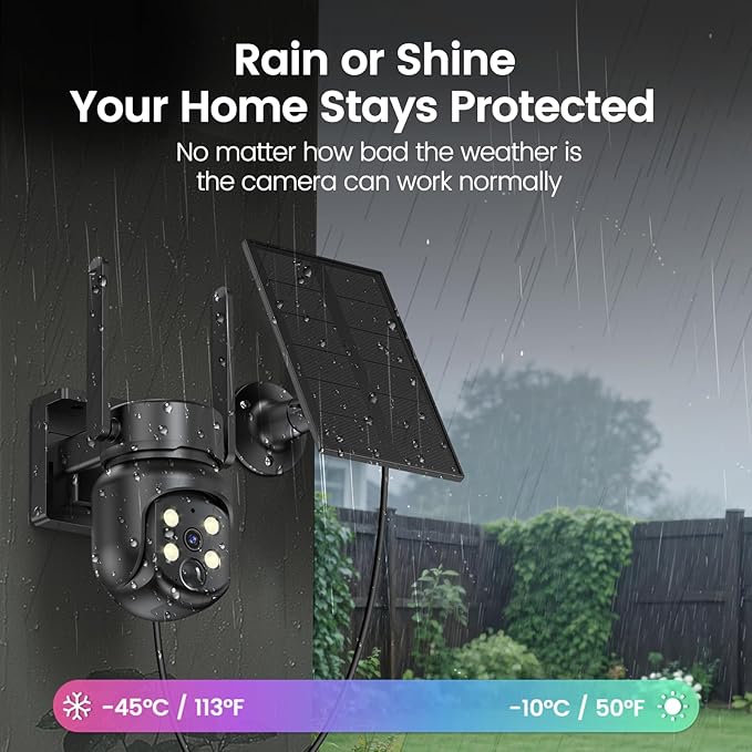 2.4G/5G WiFi 6 Wireless Outdoor 360° View Security Camera, 2K, Solar Powered 4MP, Color Night Vision, AI Human Detection, Pan/Tilt, Spotlight & Siren, 2-Way Talk, Cloud/SD Storage, IP65