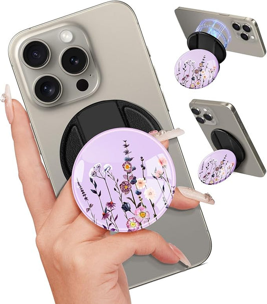 Kidcube Magnetic Phone Grip Compatible with Magsafe - Cell Phone Grip Stand Ring Holder Magnet Kickstand Removable Accessories for iPhone 16 Pro Max/16/15/14/13/12 Series Cute Girly Purple Flowers