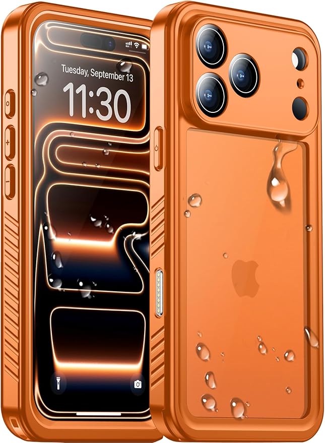 Temdan Compatible with iPhone 17 Pro Max Case,Waterproof Built-in Screen & Camera Protector IP68 Underwater Full Body 17FT Military Dropproof Shockproof Phone Case 6.9"-Orange/Clear