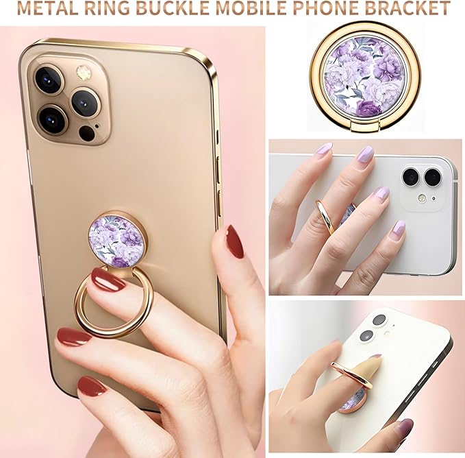 Cell Phone Ring Holder, Cute Metal Phone Grip Stand Finger Ring Kickstand, Flexible 360°Rotation Phone Tablet Case Accessories Compatible with Most Phones Luxury Purple Flowers