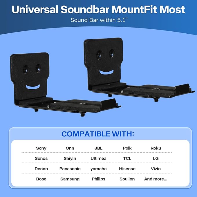 Soundbar Wall Mount Bracket - Universal Speaker Mounting for Samsung, Sony, LG, Vizio, Bose, JBL and More, Sound Bar Mounts for Living Room, Bedroom, Depth Adjustable 3.1”-5.1”, Hold up to 55 lbs