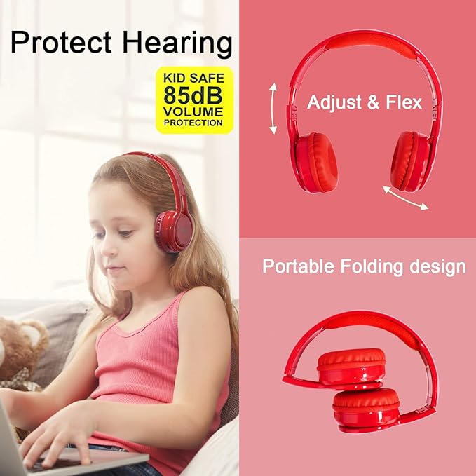 Contixo KB-2600 Over Ear Headphones - Wireless Bluetooth Headphones Kids Safe - 85dB with Volume Limited with Long Lasting Battery - Built-in Mic - Micro SD Card Slot - FM Stereo Radio (RED)
