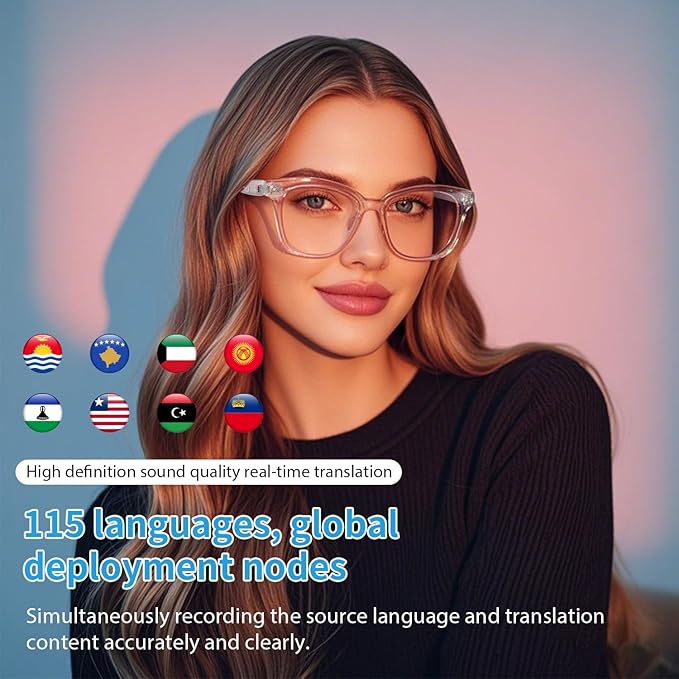 AI Smart Glasses with Real-Time Translation Open Ear Bluetooth and Blue Light Filtering Lenses Supports 165 Languages