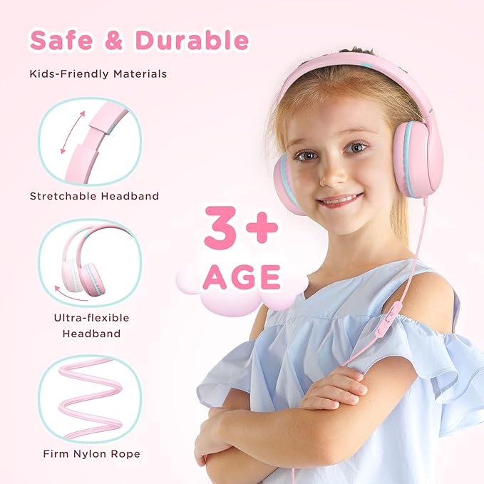 weneed Kids Headphones Wired with Microphone, Over Ear 85/94dB Volume Limited Headphones with Share Port, Stereo Sound Foldable Headset for Teens/Boys/Girls - Pink
