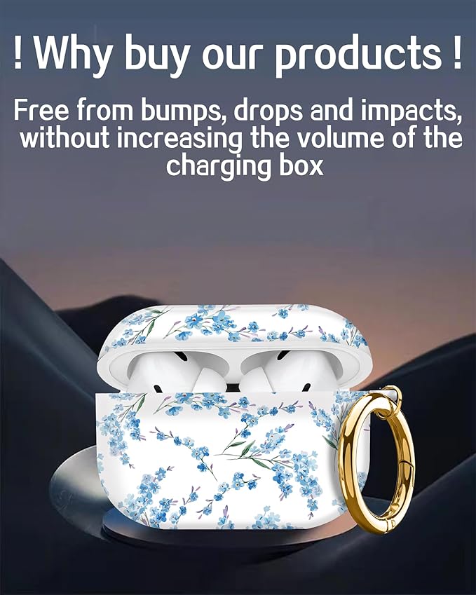 Cute Hard Case Compatible with AirPods Pro 2nd/1st Generation, Protective Cover with Golden Keychain, Fits 2023/2022/2019 Models, for Women, Girls, and Men(Blue Flower
