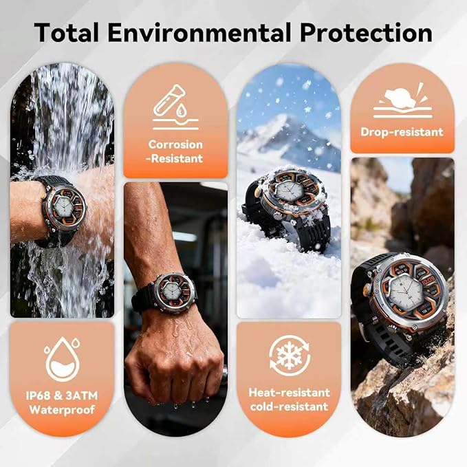 Military Smart Watches for Men, 1.7" Hd Fitness Tracker Ith Multiple Sports Modes, 600mah Battery for Android iOS, Ip68 Waterproof/Spo2 Monitor/Flashlight/Message Alerts