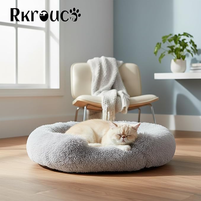 Fluffy Dog Bed Calming Donut Beds for Large Dogs Warming Round Small Medium Pet Nest Cozy Cat Mattress Indoor Washable Puppy Kennel Kittens Sleep Mat (XS, 20×20 inch, Light Gray)